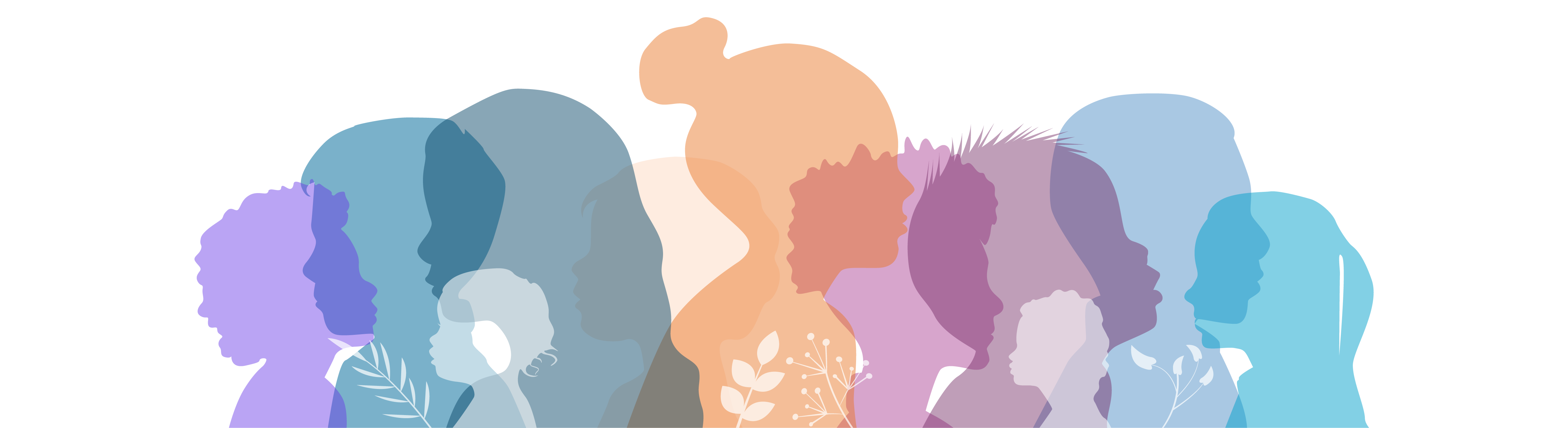 Silhouettes of children in shades of purple, blue, organe and gray, the chidlren are of various ages. 