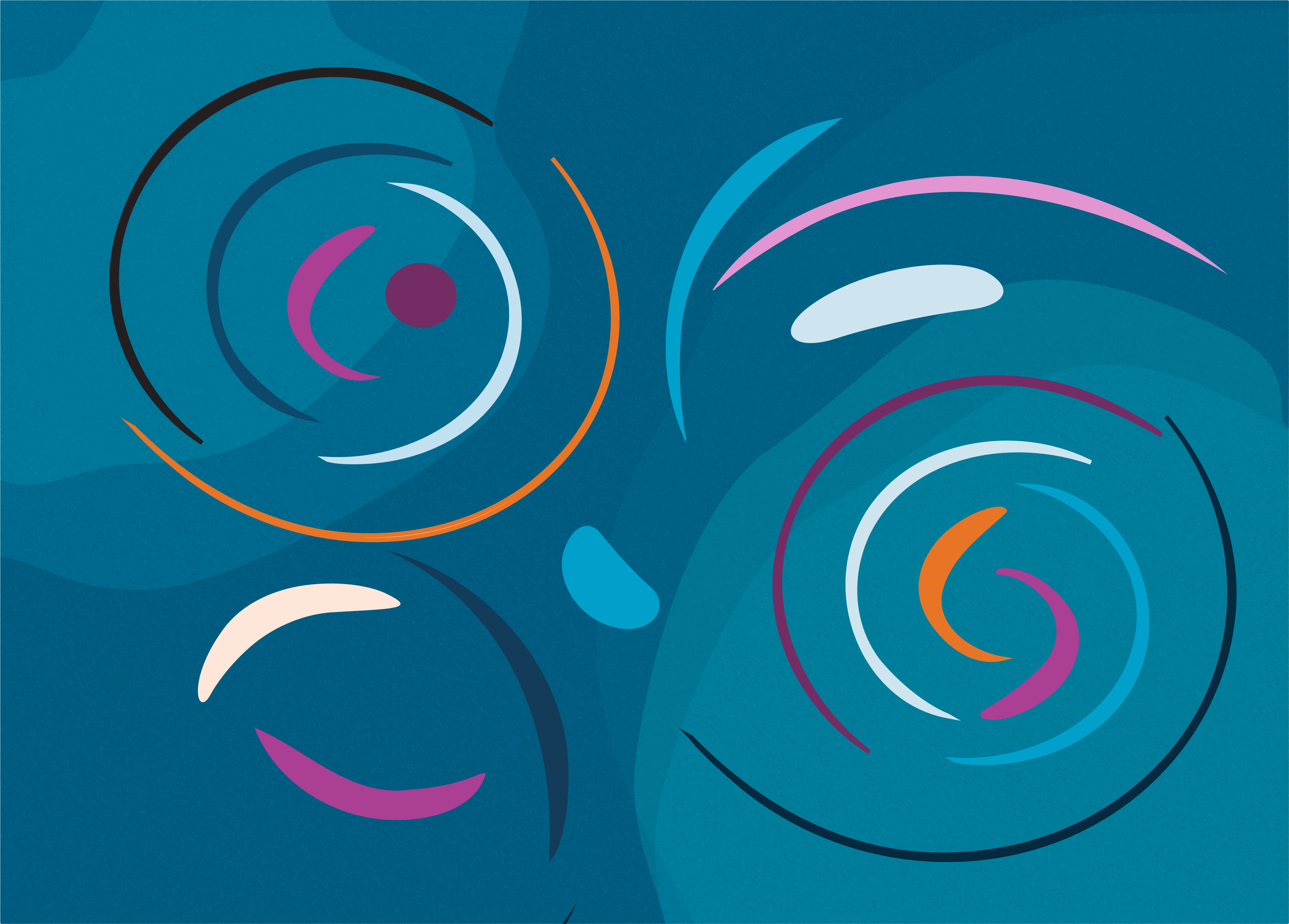 Illustration of swirls, circles and oblongs in shades of orange, purple and blue on blobs of blue