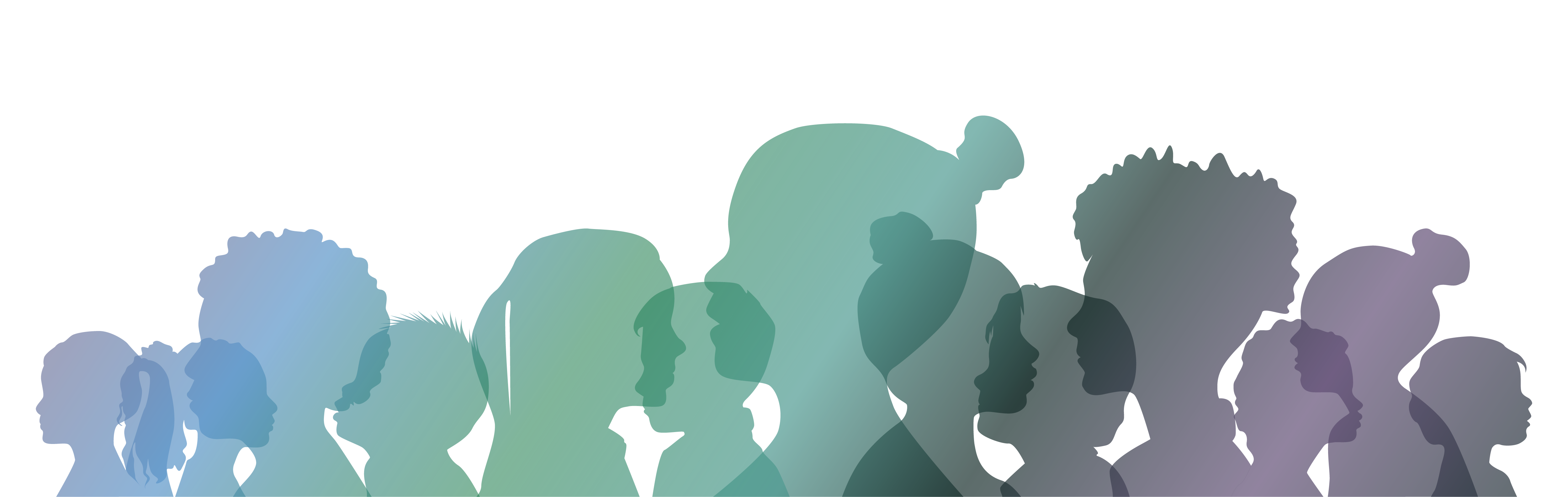 Silhouettes of people in a gradient of blue, green and purple. 