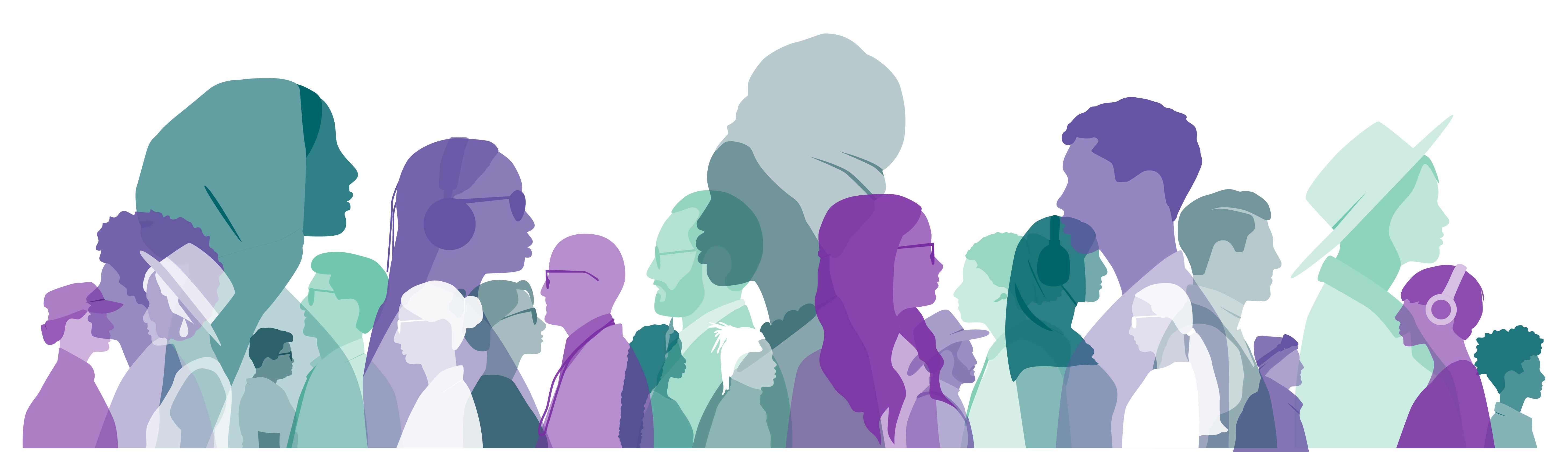 Silhouettes of adults in shades of purple and teal. 