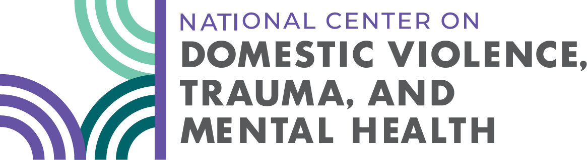 Concentric half circles in purple, teal and sea foam green, purple rectangle, National Center on Domestic Violence, Trauma, and Mental Health