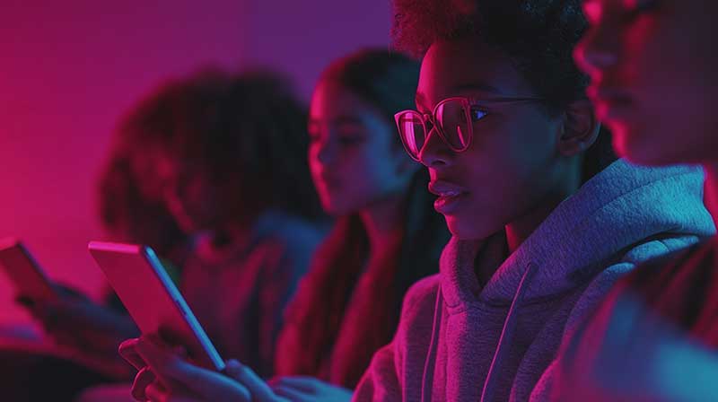 A group of teens in a vibrant pink hue light looking at mobile devices