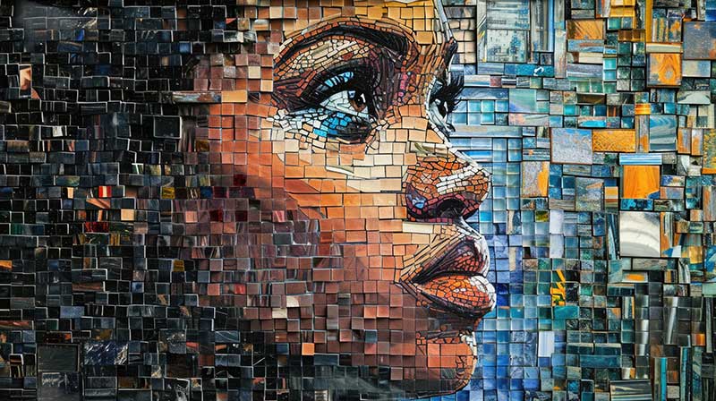 Mosaic tile art depicting a black woman's face