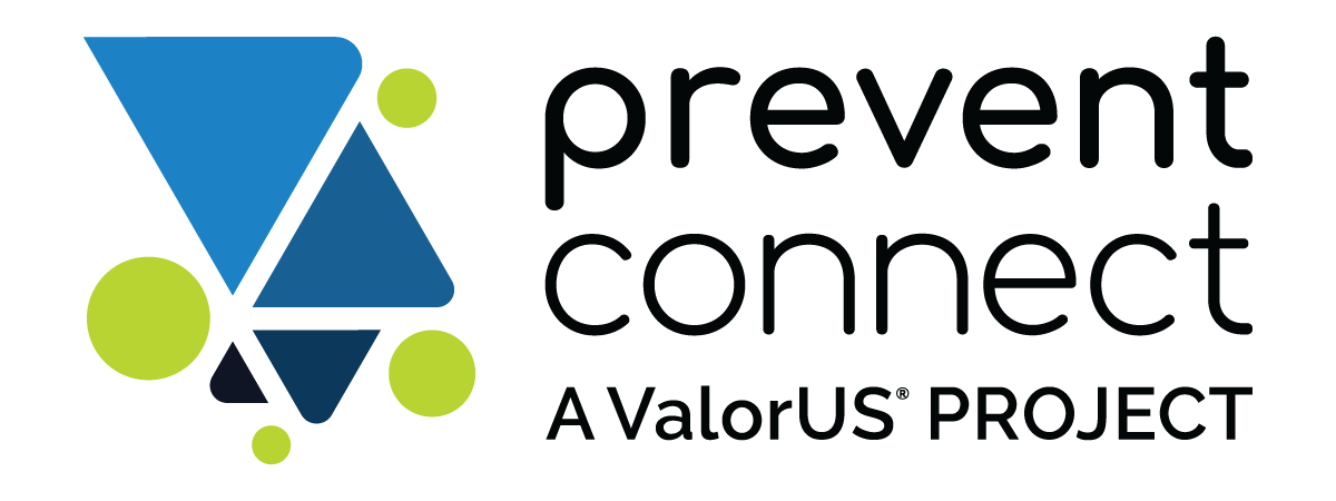 PreventConnect logo with blue triangles and green circles, "PreventConnect - a ValorUS project"
