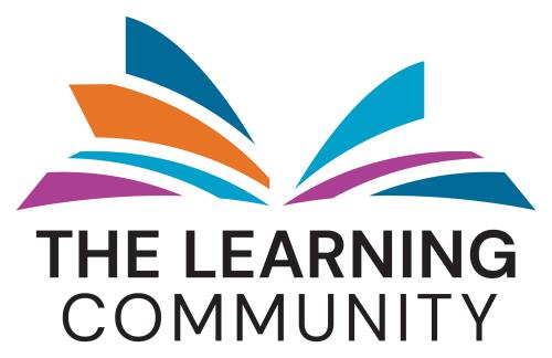 Abstract shapes in purple, teal, orange, and blue arranged to look like pages of an open book, The Learning Community