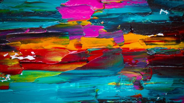 Abstract painting in many colors including teal, pink, purple, orange-yellow, red, and green