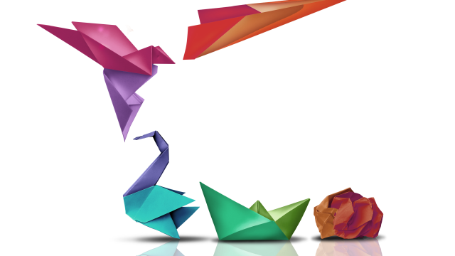 Crumpled paper that transforms to various origami creations: a boat, swan, crane and plane