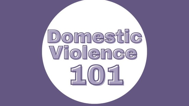 Domestic Violence 101 in purple font on a white circle with a purple background