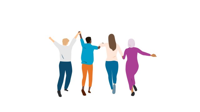 Four people holding hands and facing ahead, they are in forward motion with arms outstretched and raised