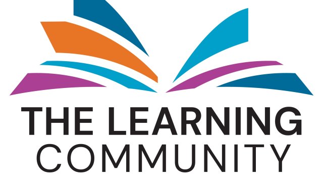 Abstract shapes in purple, teal, orange, and blue arranged to look like pages of an open book, The Learning Community