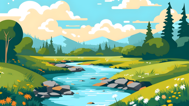 Colorful illustrated landscape with green fields, trees, with a stream cutting through the middle under a blue sky dotted with cloud.