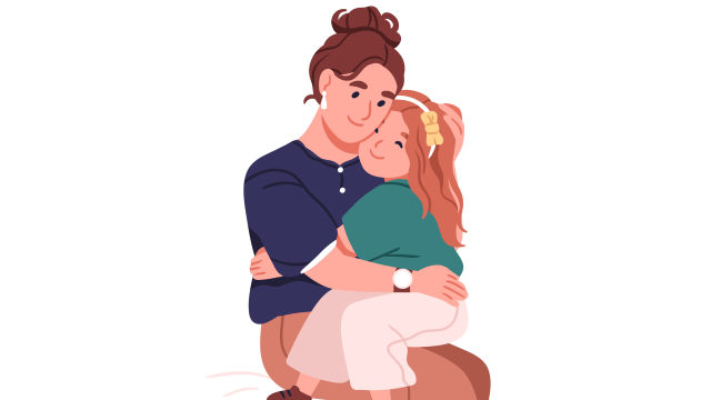 Illustration of an adult embracing a child who is sitting in their lap. Both people have small smiles..  