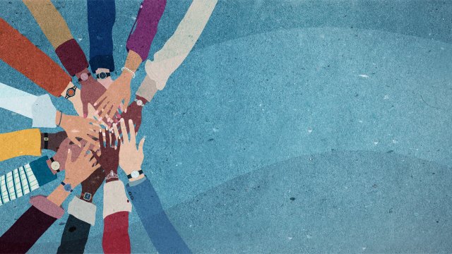 Illustration of many hands put into a circle on a speckled blue background.