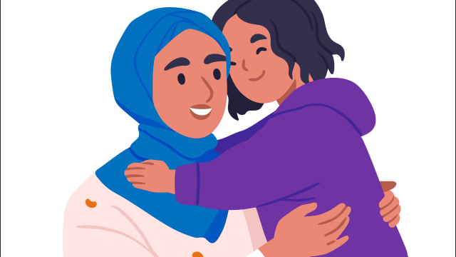 Illustration of a child in a purple hoodie hugging an adult in a blue hijab. 