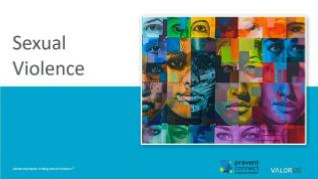 Graphic that says "Sexual Violence". Split white and teal background. Mosaic image of people's faces in many colors. At the bottom right are logos for PreventConnect and VALOR.