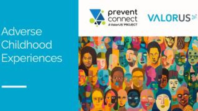 Course thumbnail for Adverse Childhood Experiences. Image features a teal blue block alongside abstract, cubist-inspired image of people's faces, and the PreventConnect and VALOR logos.