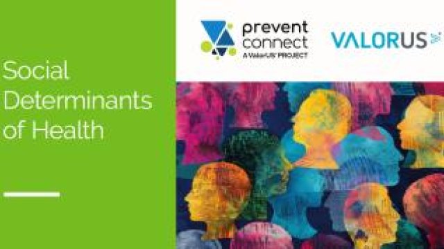 Course thumbnail for Social Determinants of Health. Image features a lime green block alongside abstract image of people's profiles in many colors, and the PreventConnect and VALOR logos. 