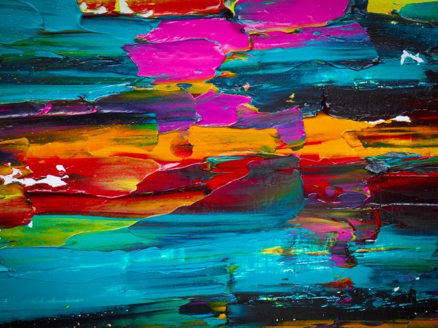 Abstract painting in many colors including teal, pink, purple, orange-yellow, red, and green
