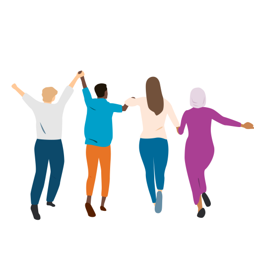 Four people holding hands and facing ahead, they are in forward motion with arms outstretched and raised