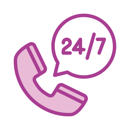 Simple illustration of lavender phone with purple outline and a speech bubble that reads, "24/7", illustrating 24/7 hotlines