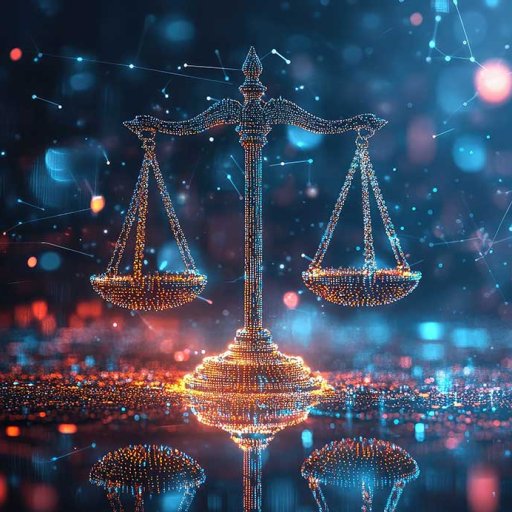 A sparkling set of scales made from points of light, symbolizing the legal system and technology. 